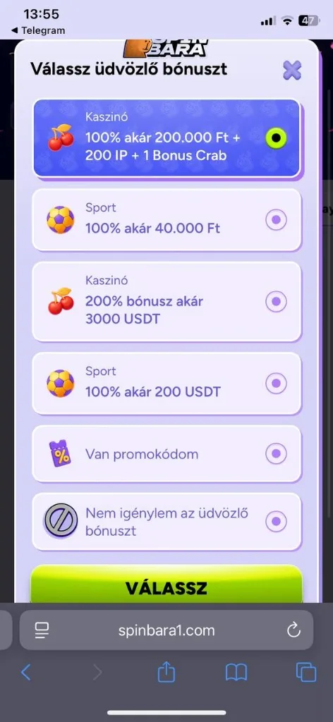 SpinBara mobil kezdőképernyő