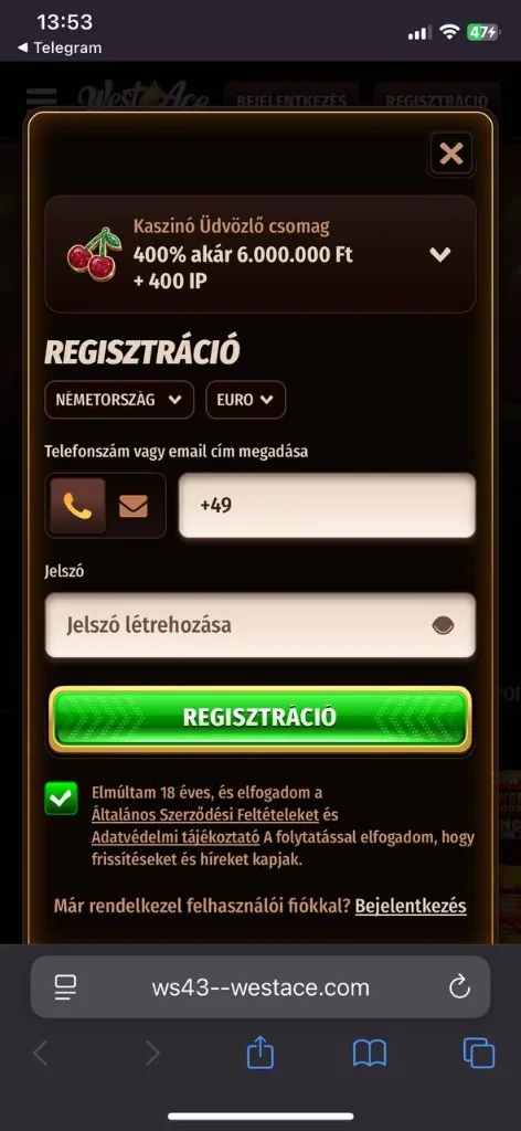 WestAce mobil regisztráció